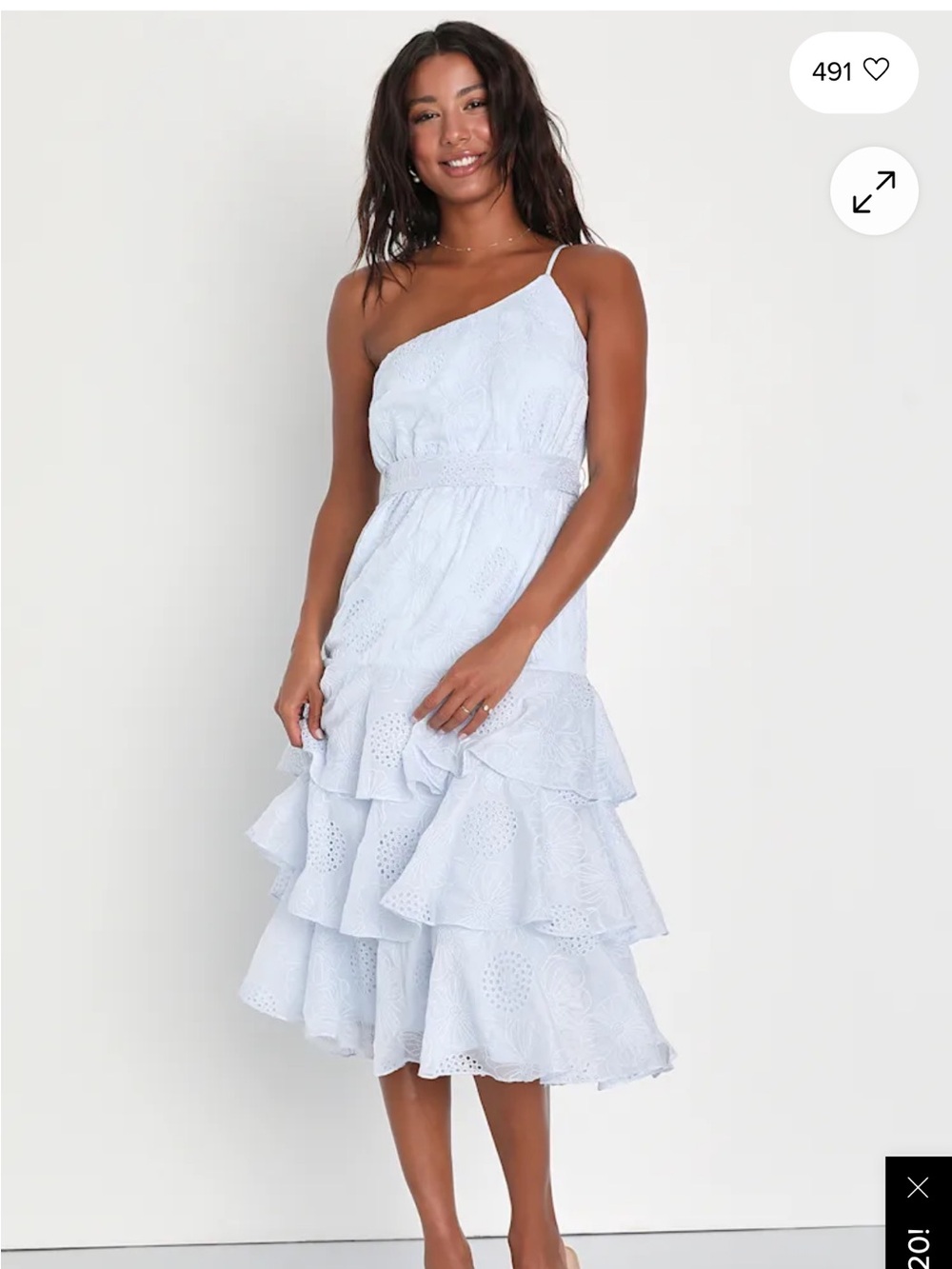 Lulus Light Blue One-Shoulder Tiered Eyelet Midi Dress